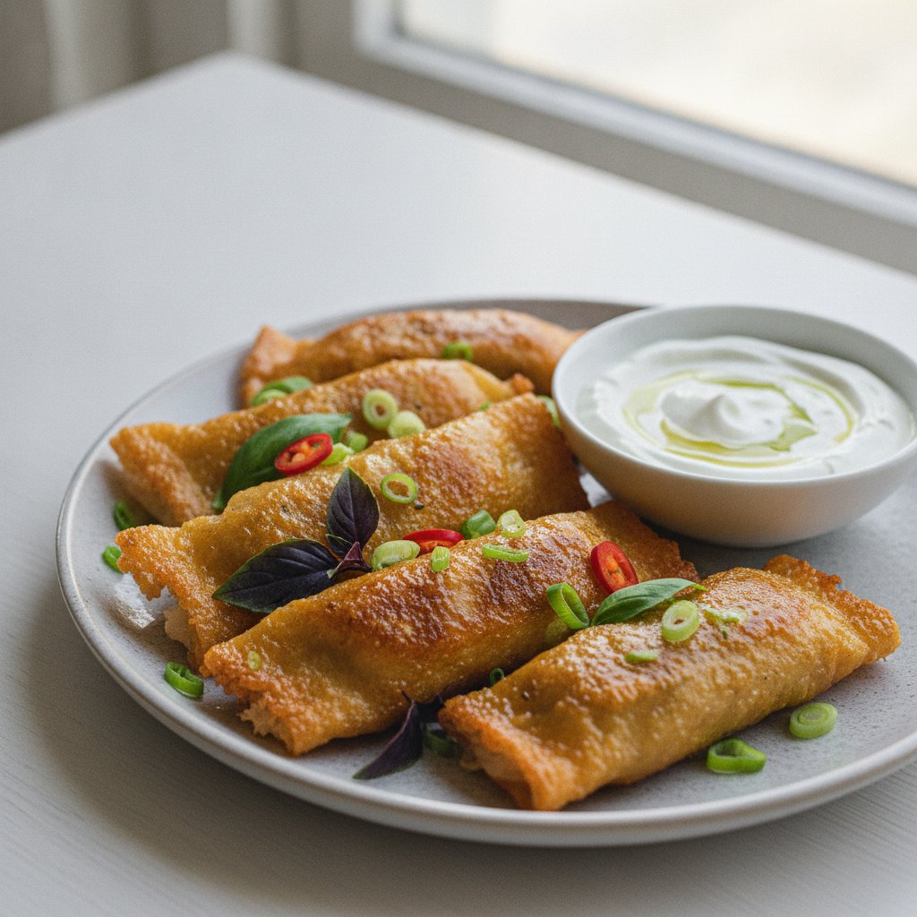Crispy Vietnamese Lemongrass Chicken Rice Paper Dumplings with Basil-Lime Yogurt Dip