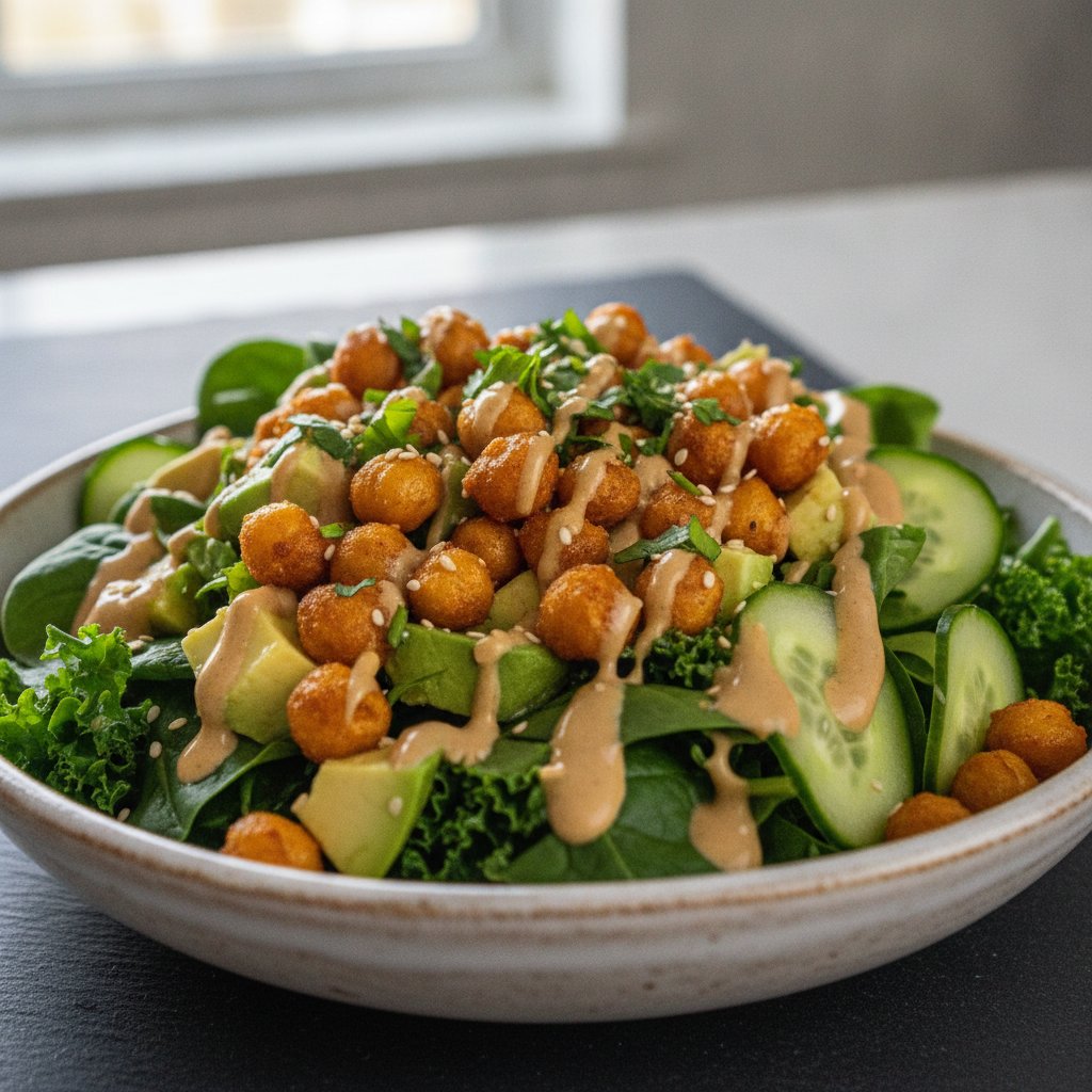 Crunchy Green Goddess Chickpea & Avocado Bowl with Spiced Tahini-Lime Dressing
