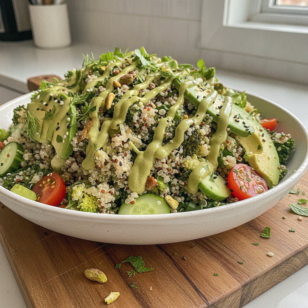 Crunchy Green Goddess Quinoa Salad with Avocado-Tahini Dressing