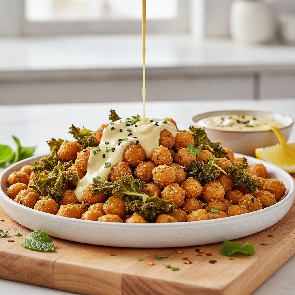 Crunchy Herb-Infused Chickpea and Kale Nibbles with Zesty Lemon-Tahini Dip