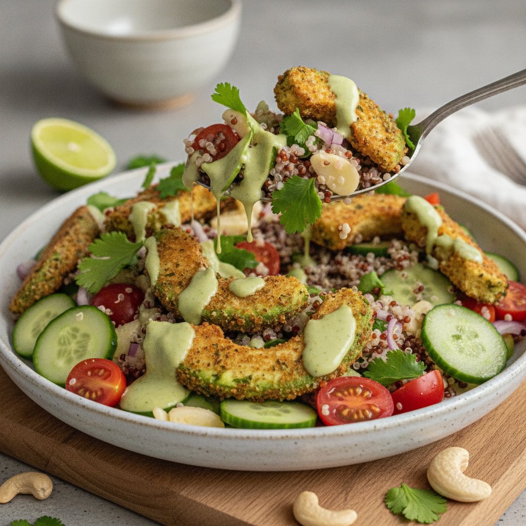 Crunchy Herbed Avocado & Quinoa Chopped Salad with Lime-Cashew Dressing