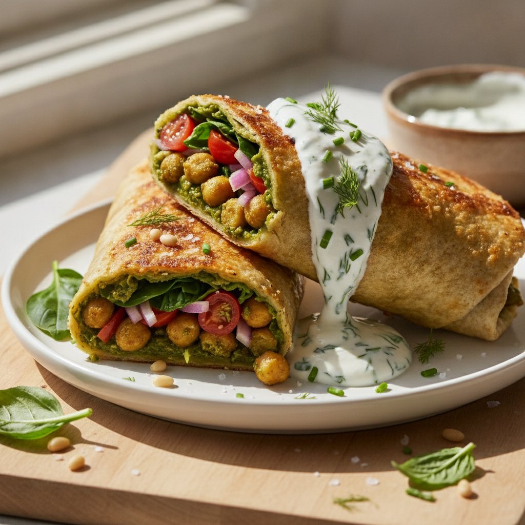 Crunchy Pesto Chickpea Wraps with Herbed Yogurt Drizzle
