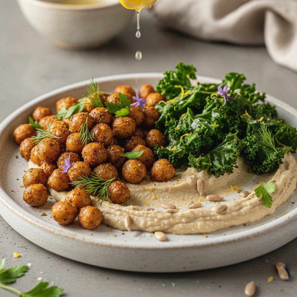 Crunchy Za'atar Chickpeas with Lemony Kale Chips and Sunflower Seed Spread