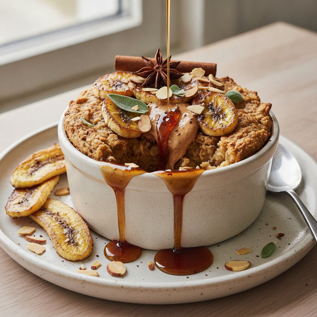 Decadent Banana Almond Butter Baked Oats with Spiced Maple Drizzle