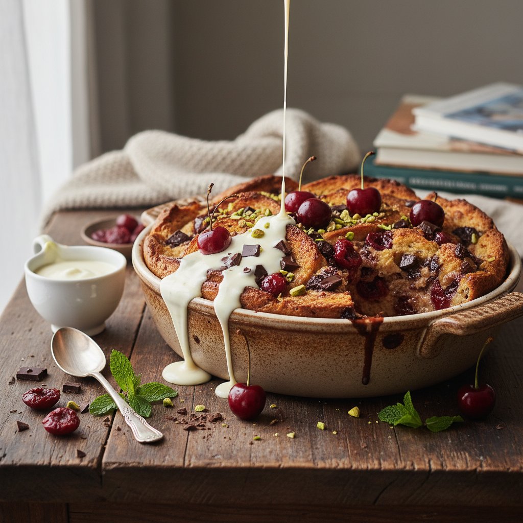 Decadent Chocolate and Cherry Bread Pudding with Vanilla Cream
