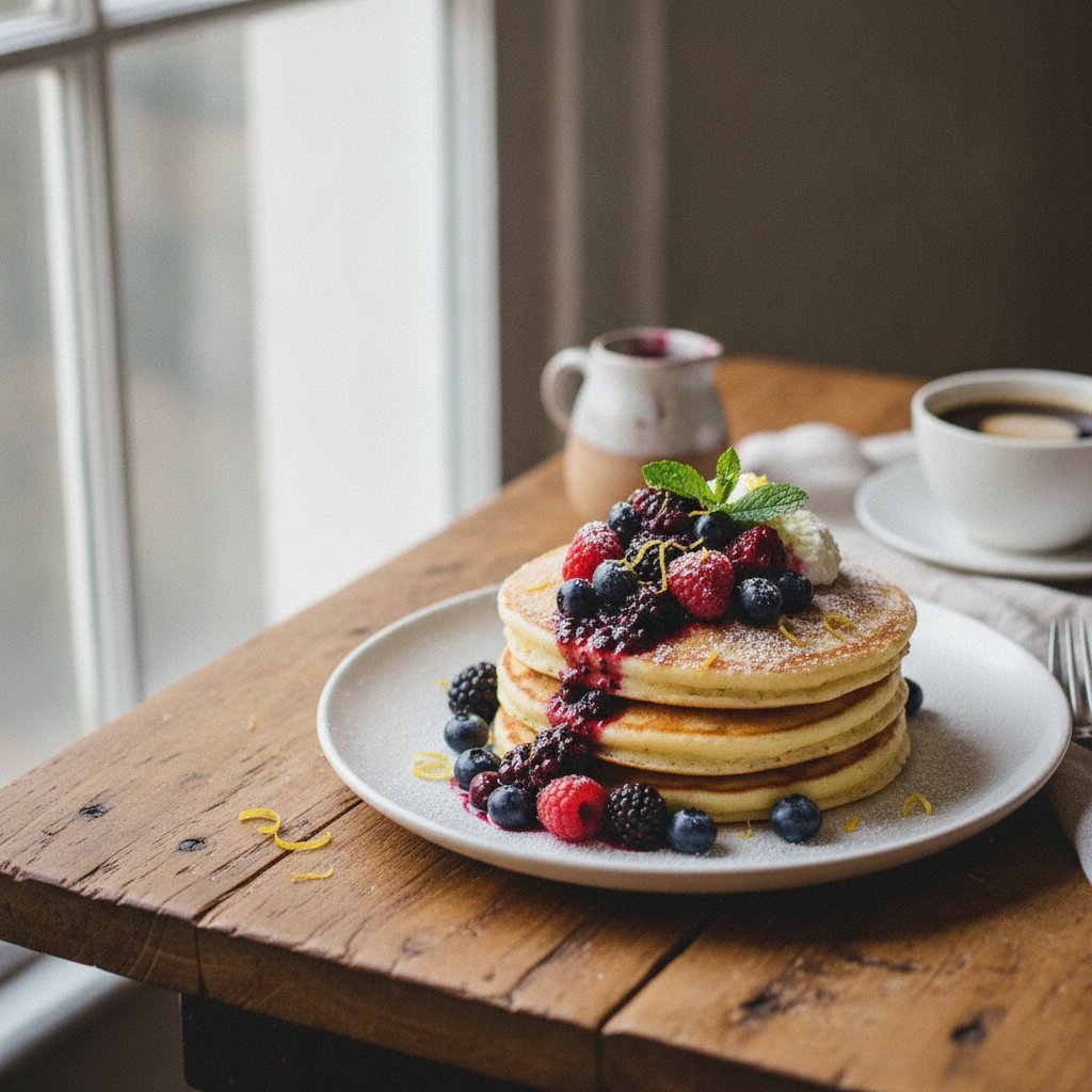 Decadent Lemon Ricotta Pancakes with Berry Compote