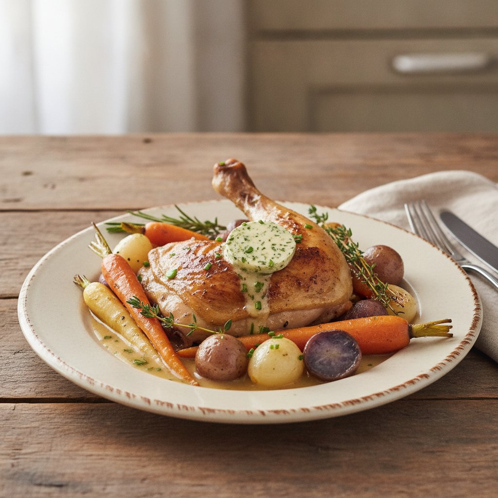 Elegant Coq au Vin Blanc with Herb-Infused Butter and Glazed Root Vegetables