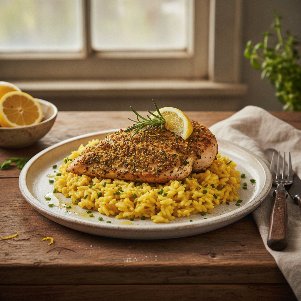 Elegant Herb-Crusted Chicken with Lemon Saffron Risotto
