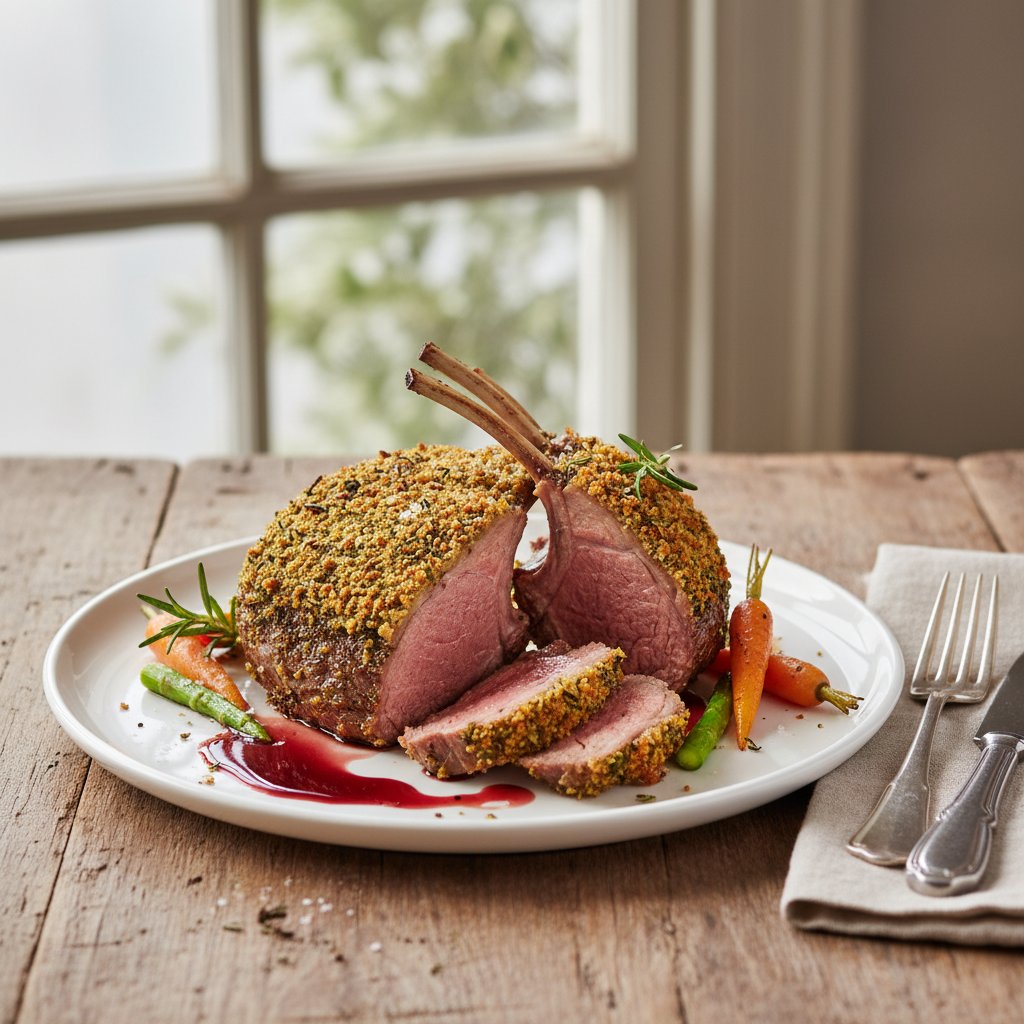 Elegant Herb-Crusted Rack of Lamb with Red Wine Reduction