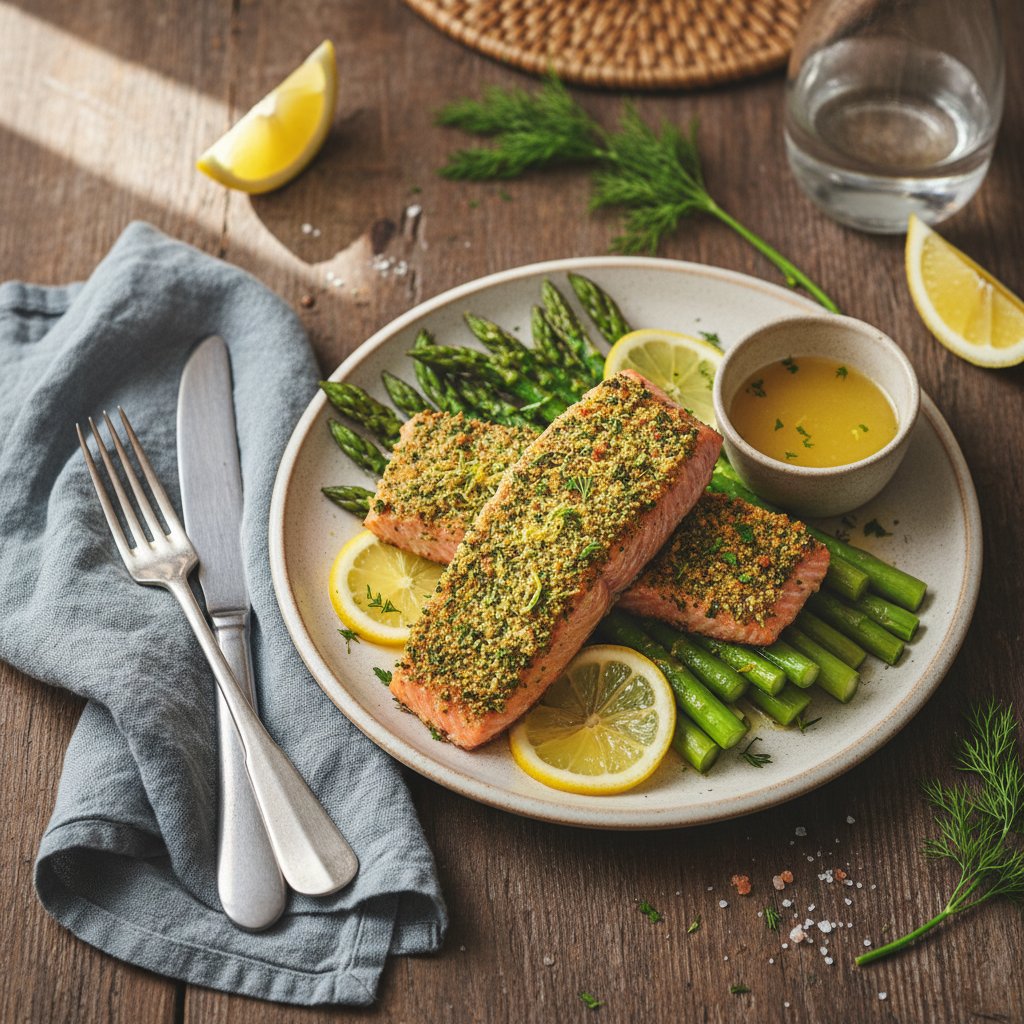 Elegant Herb-Crusted Salmon with Lemon Butter Asparagus