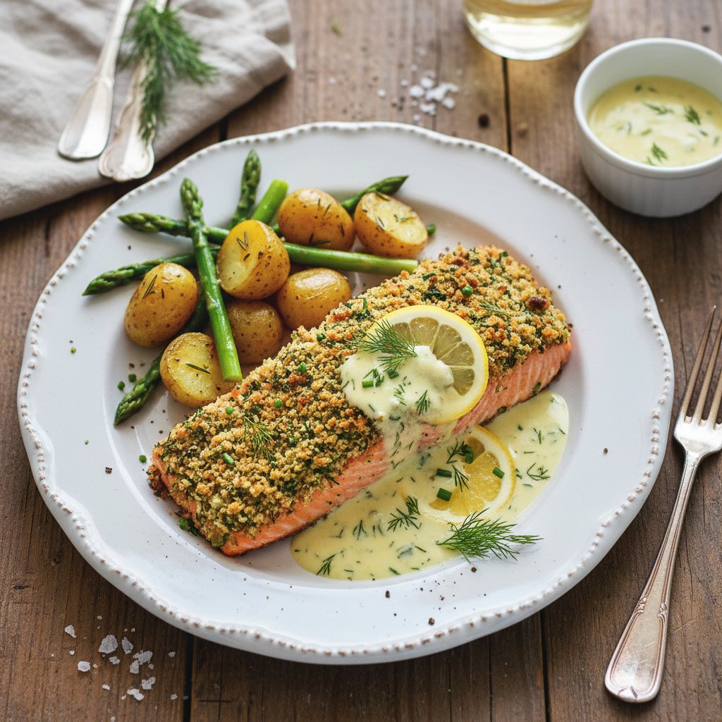 Elegant Herb-Crusted Salmon with Lemon-Dill Cream Sauce
