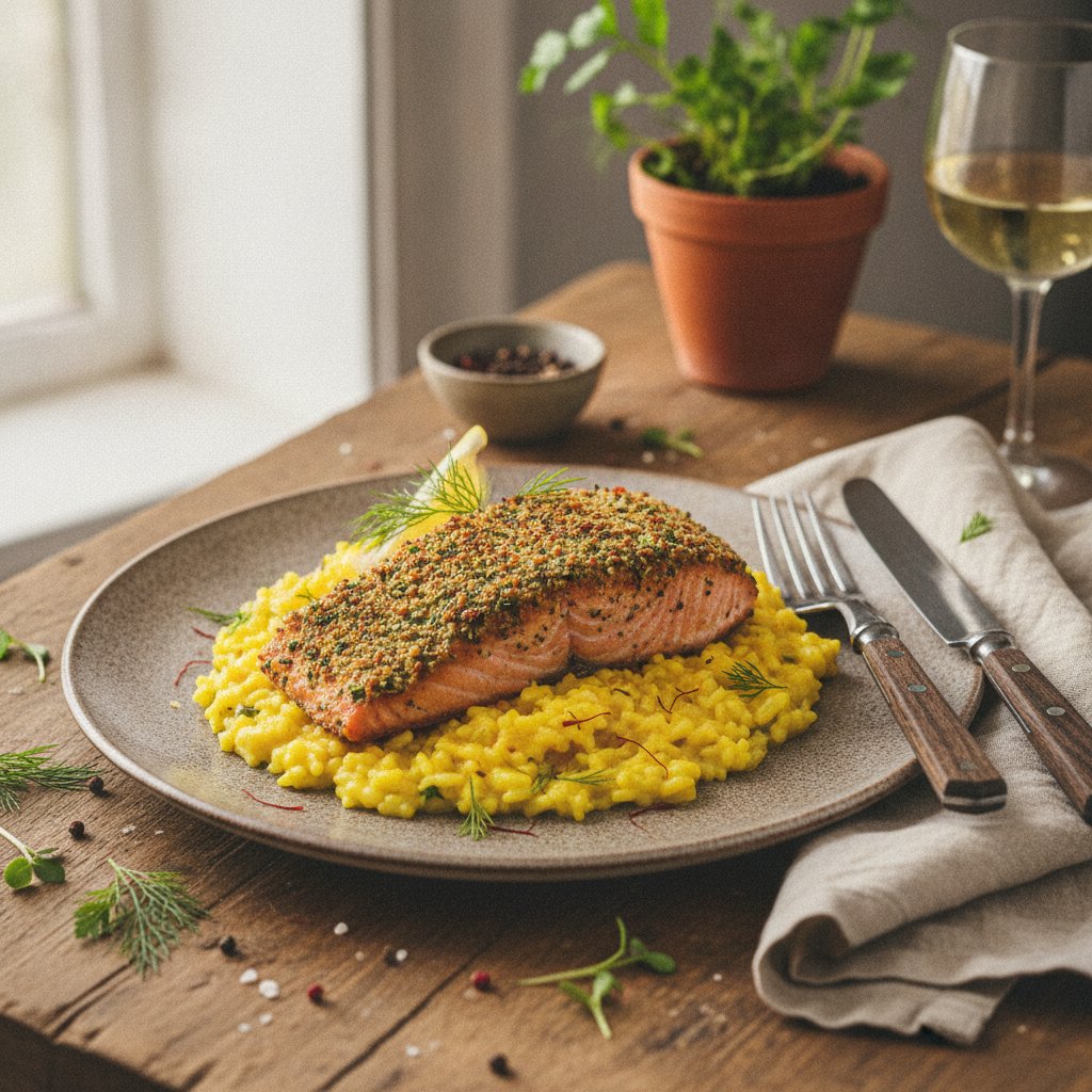 Elegant Herb-Crusted Salmon with Saffron Risotto