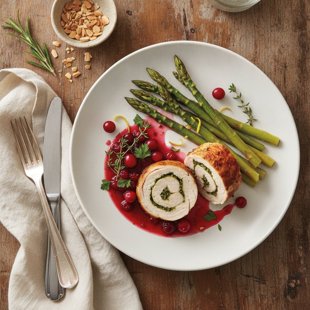 Elegant Lemon Herb Chicken Roulade with Asparagus and Cranberry Jus