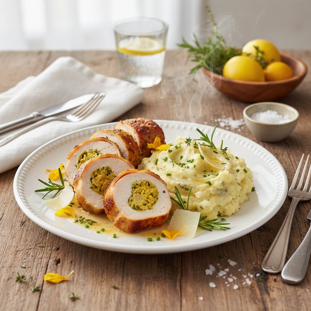 Elegant Lemon Herb Chicken Roulade with Truffle Mashed Potatoes