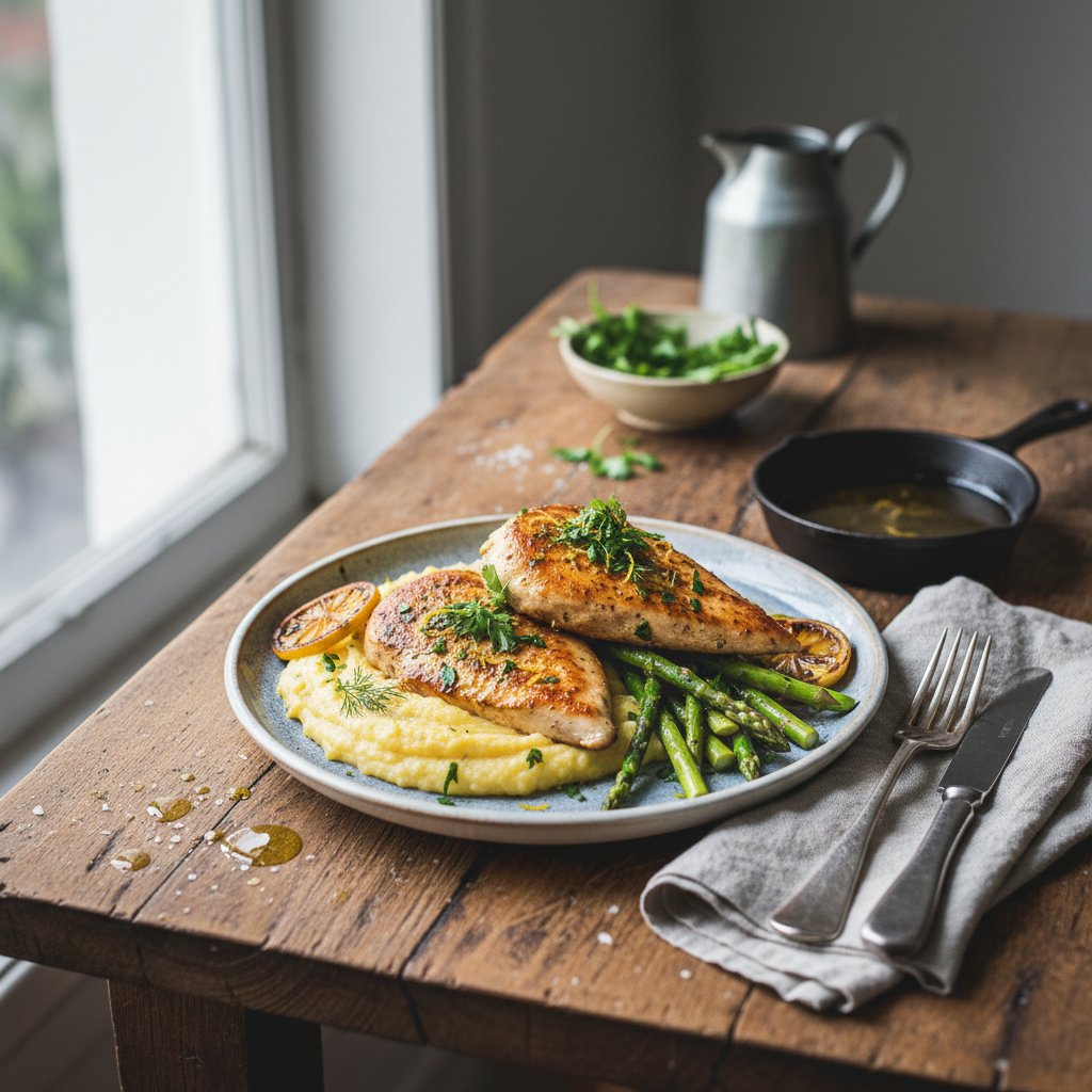 Elegant Lemon Herb Chicken with Creamy Polenta and Asparagus