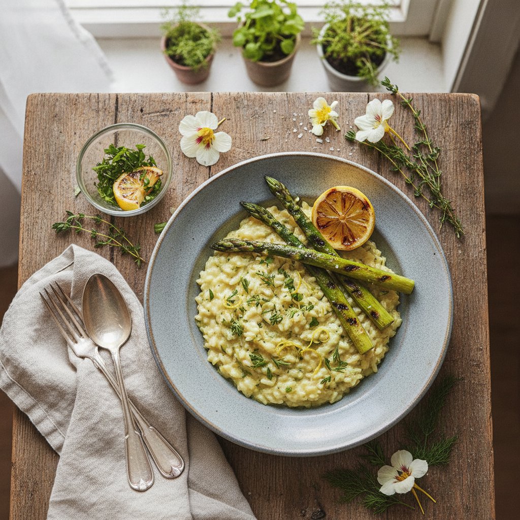 Elegant Lemon Herb Risotto with Grilled Asparagus