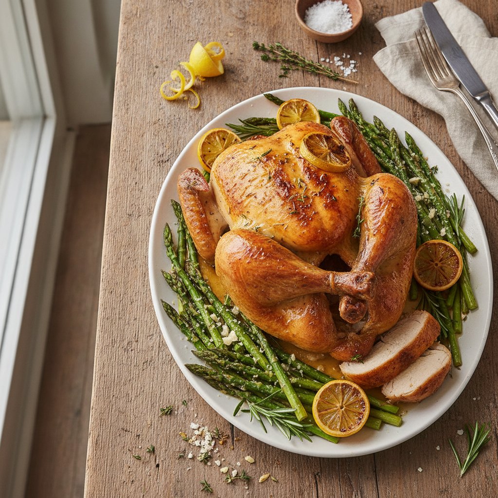 Elegant Lemon Herb Roasted Chicken with Garlic Parmesan Asparagus