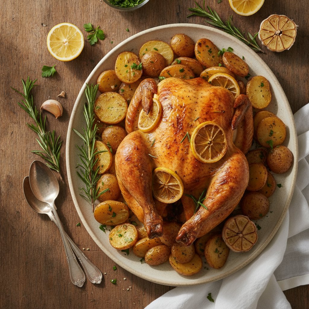 Elegant Lemon-Rosemary Roast Chicken with Garlic Herb Potatoes