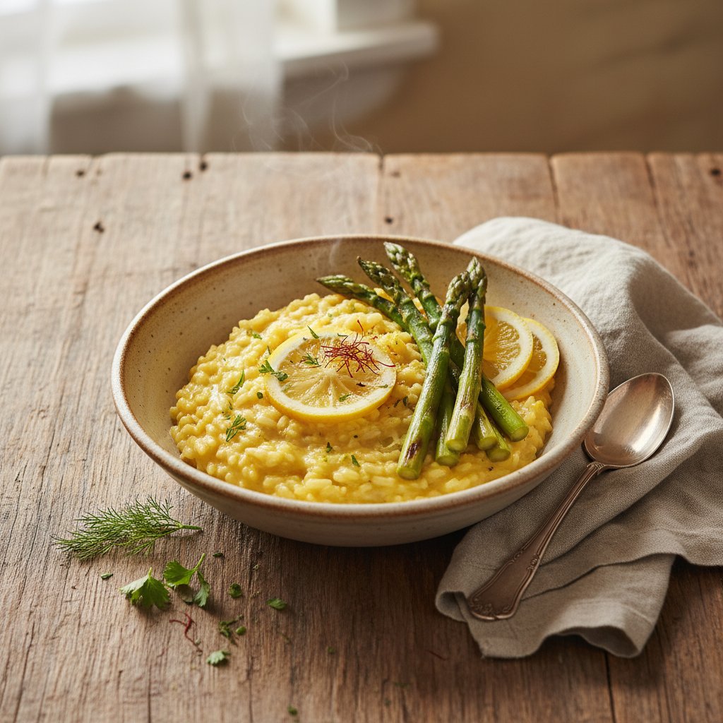 Elegant Lemon Saffron Risotto with Grilled Asparagus