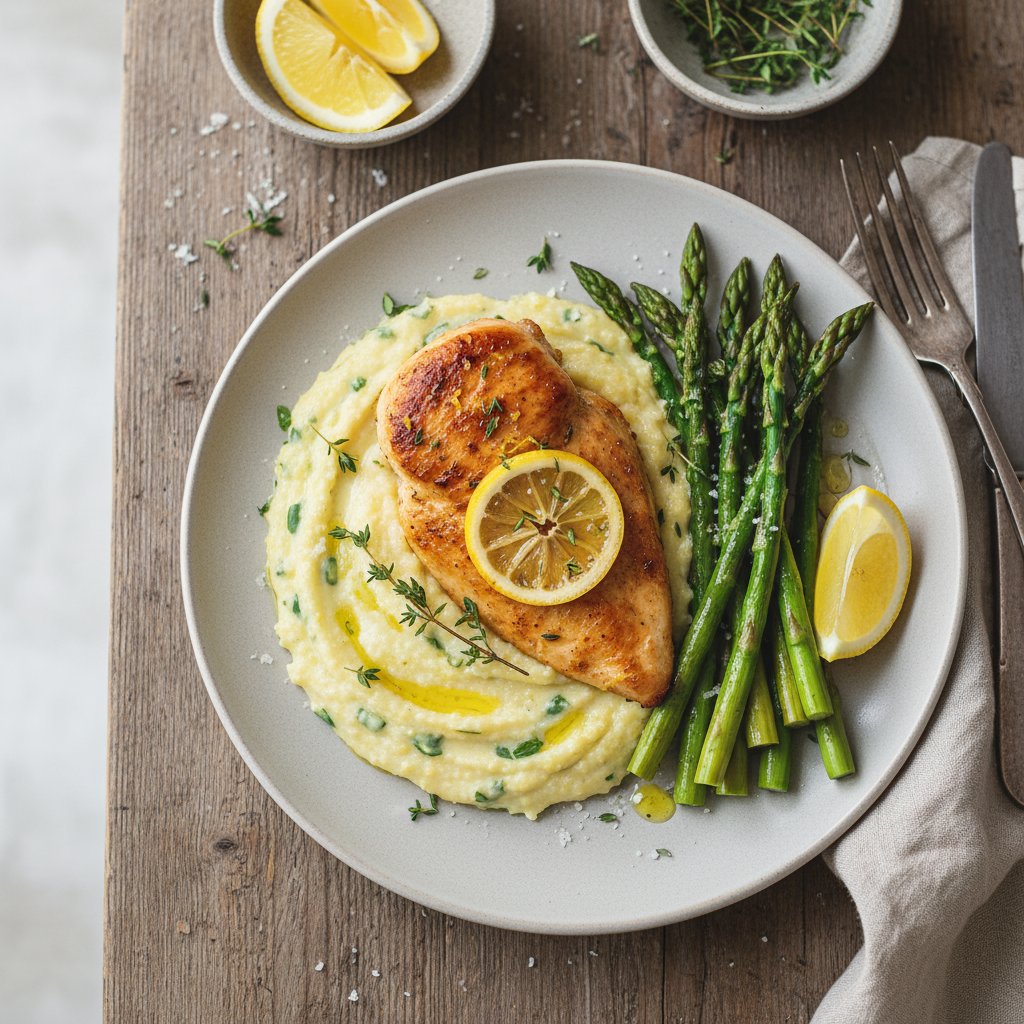 Elegant Lemon-Thyme Chicken with Parmesan Polenta and Roasted Asparagus