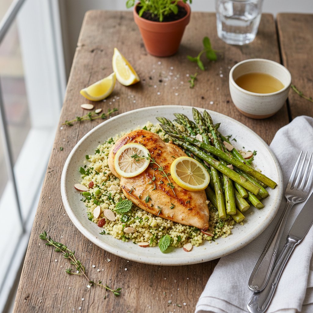 Elegant Lemon Thyme Chicken with Roasted Asparagus and Herb Couscous