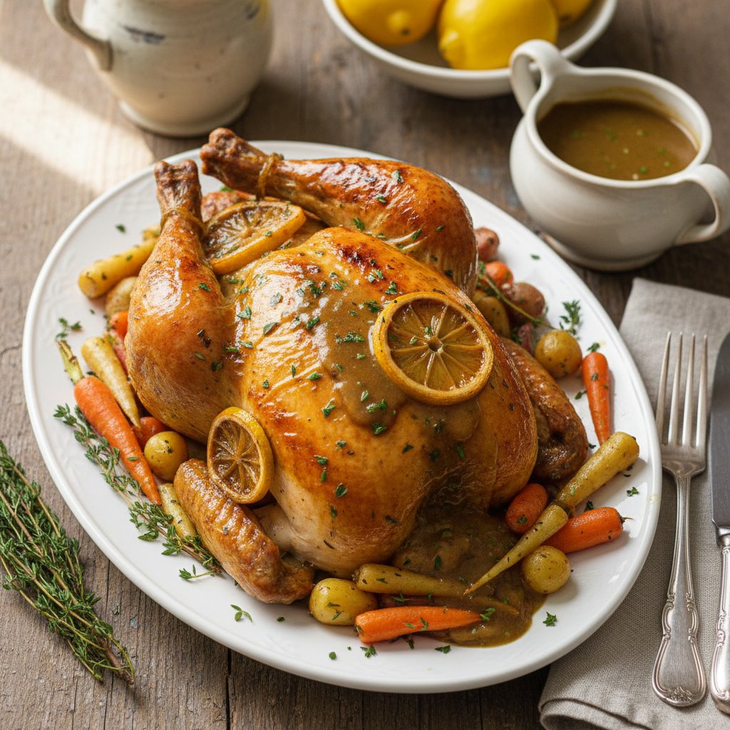 Elegant Lemon Thyme Roast Chicken with Herb-Infused Pan Gravy
