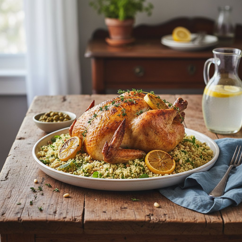 Elegant Lemon-Thyme Roasted Chicken with Herb-Infused Couscous