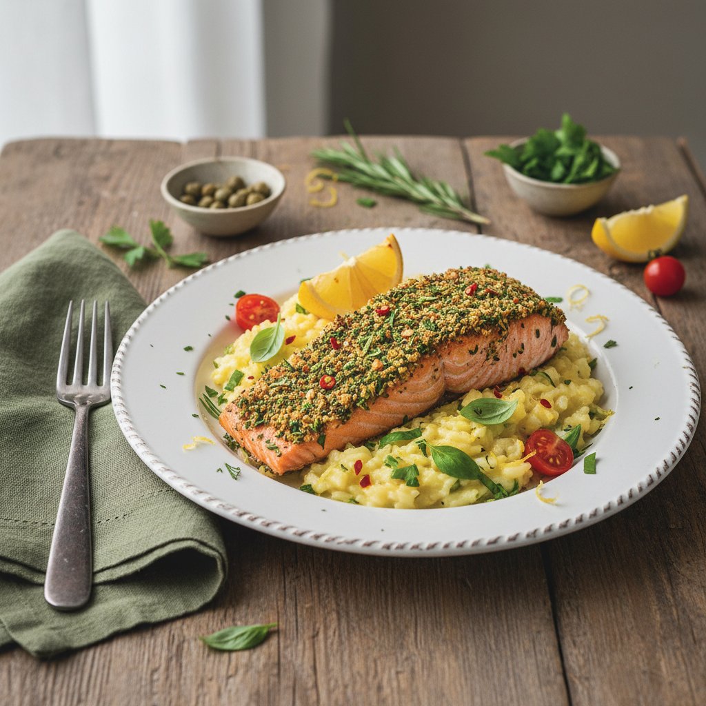 Elegant Mediterranean Herb-Crusted Salmon with Lemon-Basil Risotto