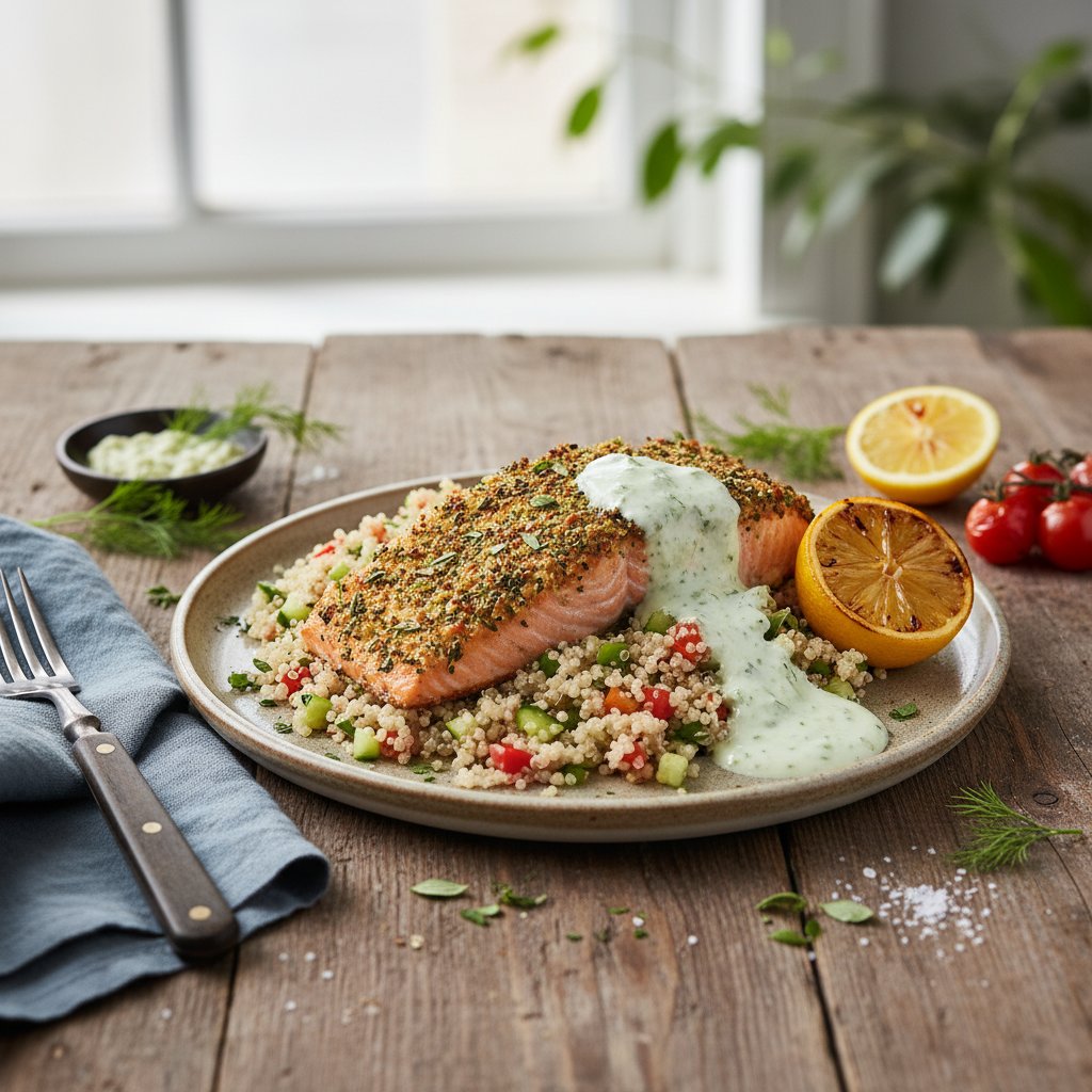 Elegant Mediterranean Herb-Crusted Salmon with Quinoa and Lemon-Dill Yogurt Sauce