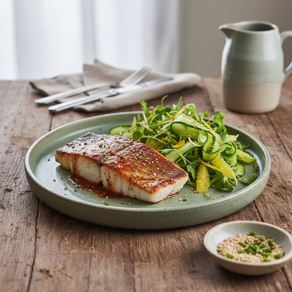 Elegant Miso-Marinara Sea Bass with Yuzu-Infused Salad