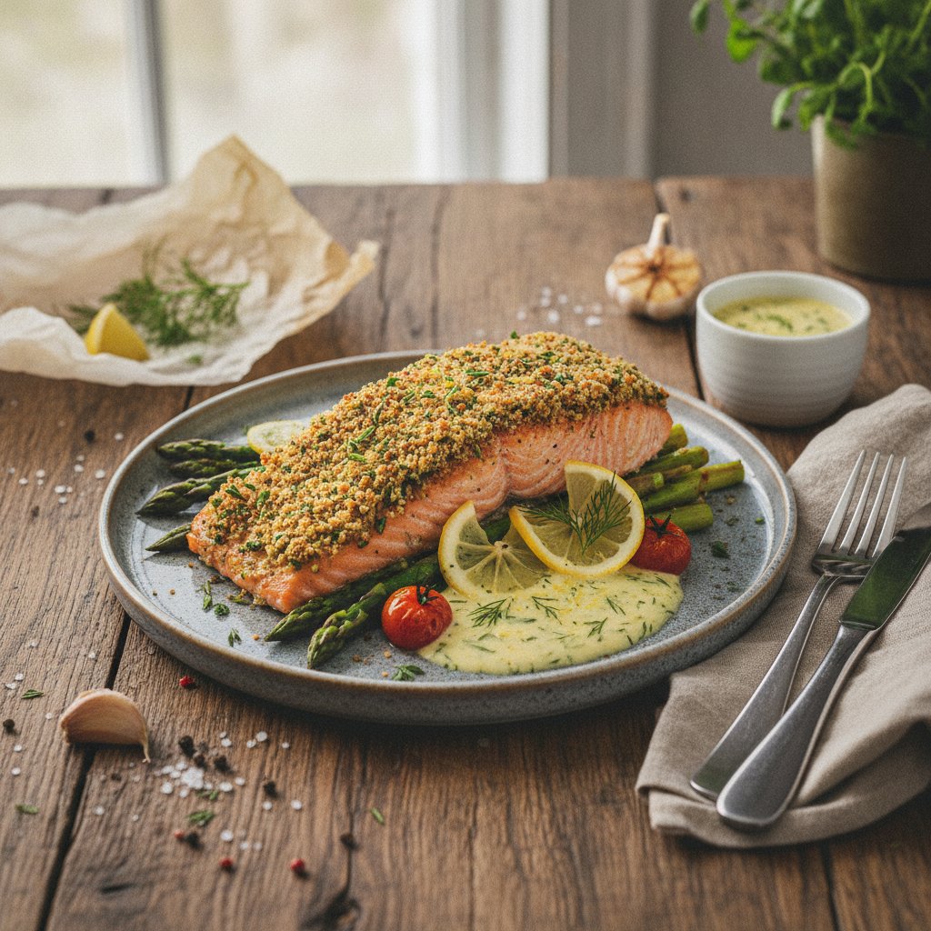Elegant Savory Herb-Crusted Salmon with Lemon-Dill Sauce