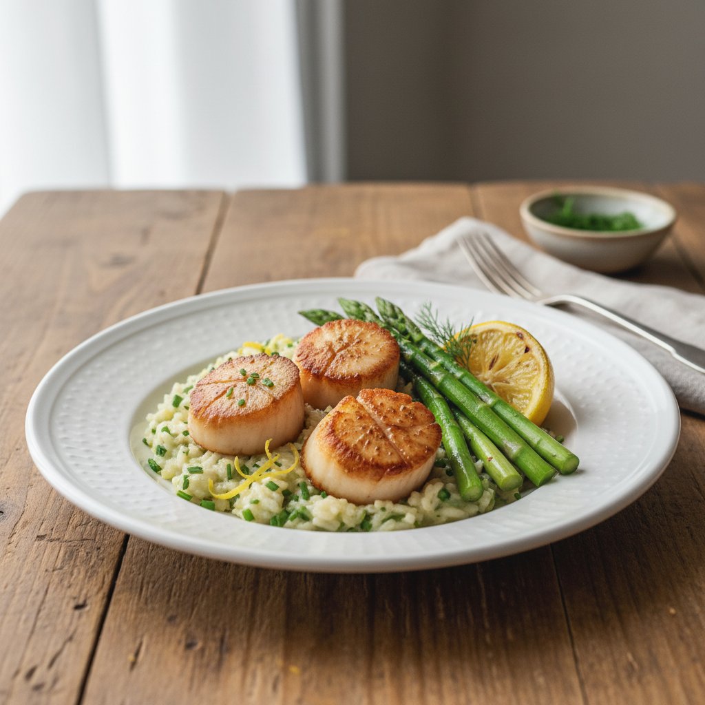 Elegant Seared Scallops with Lemon Herb Risotto and Asparagus