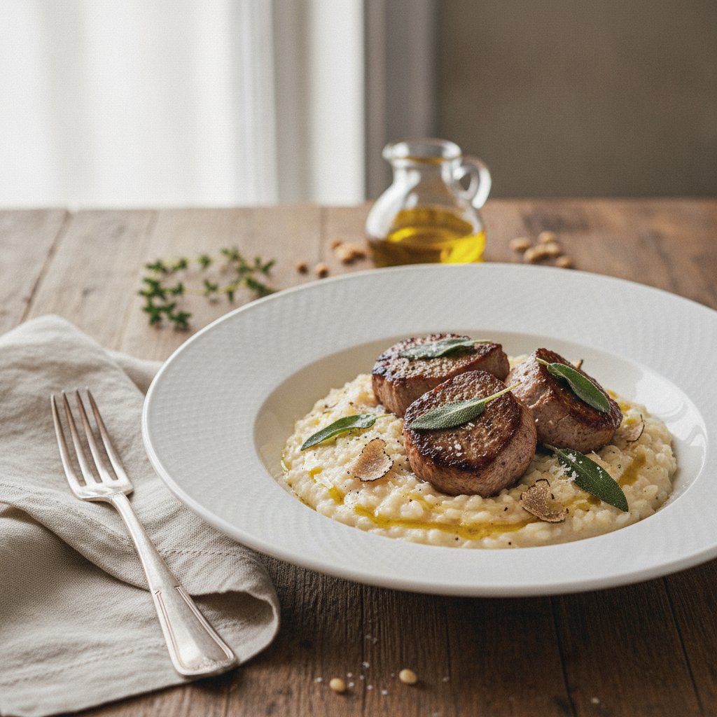 Elegant Truffle Risotto with Sage-Infused Veal Medallions