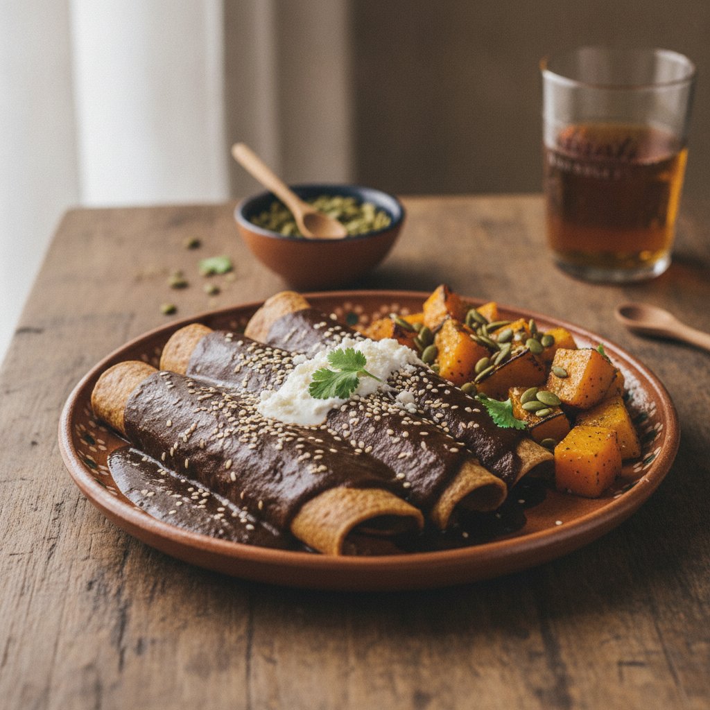 Enchiladas de Mole Poblano with Roasted Pumpkin and Pepitas
