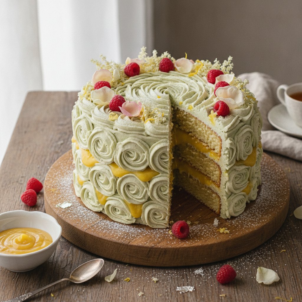 English Rose Cake with Lemon Curd and Elderflower Swiss Meringue Buttercream