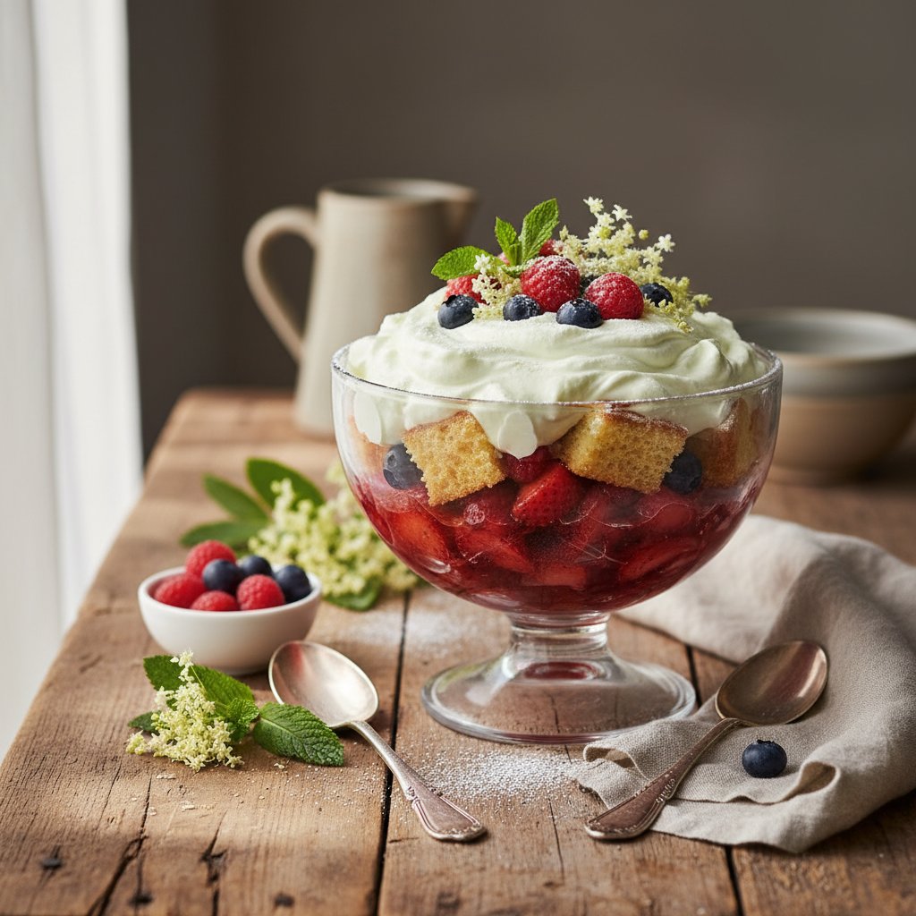 English Summer Berry Trifle with Elderflower Whip