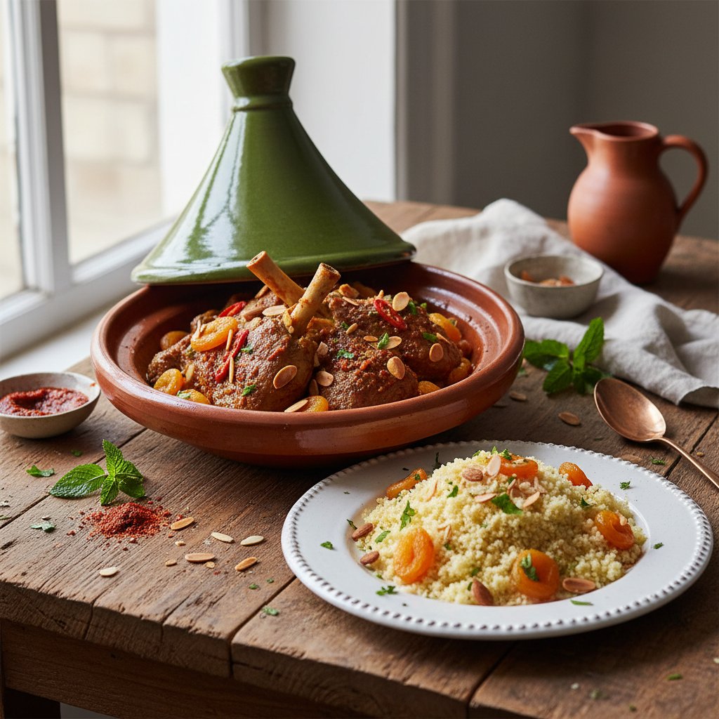 Fiery Moroccan Spiced Lamb Tagine with Apricot and Almond Couscous