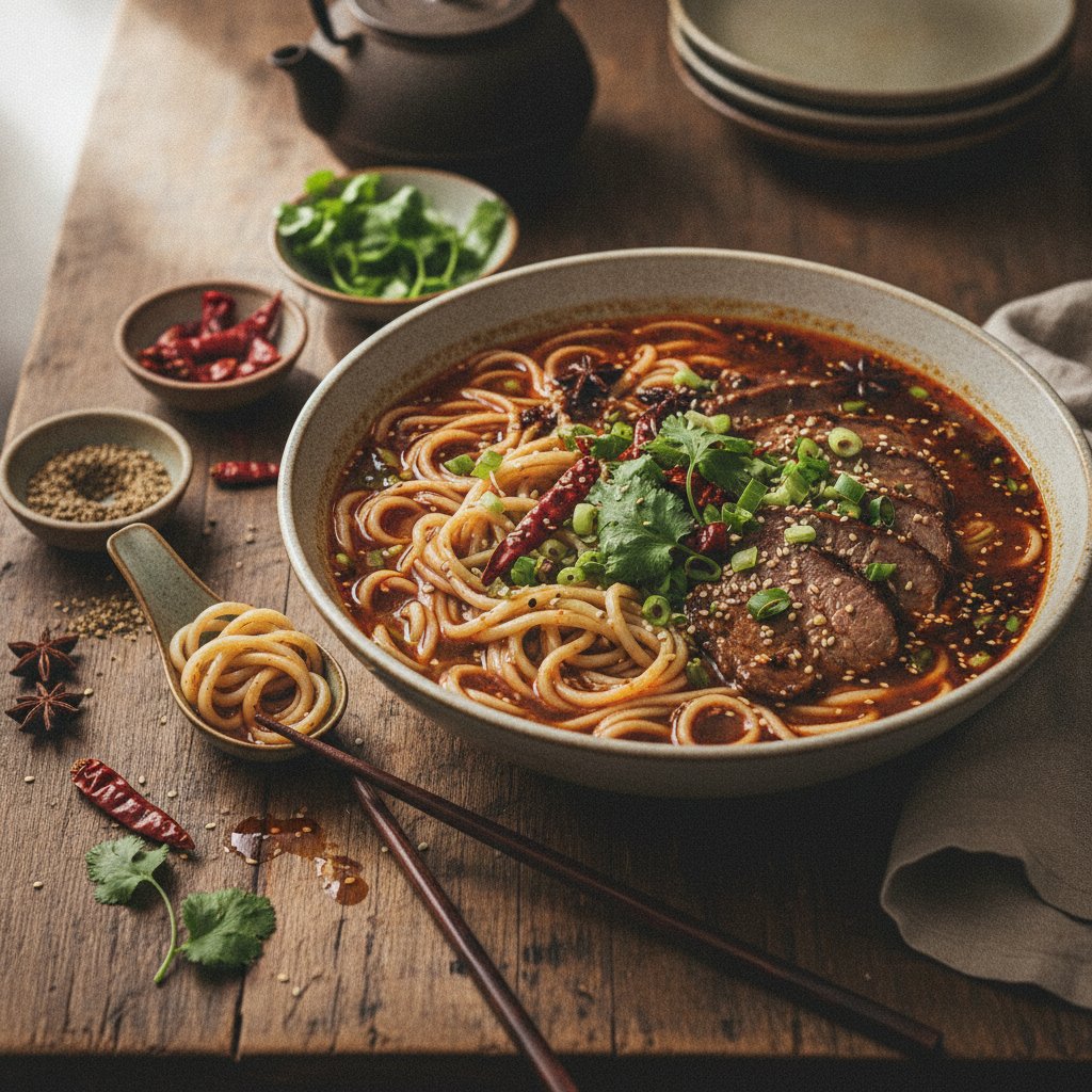 Fiery Sichuan Mala Beef Noodles with Scallion and Cilantro