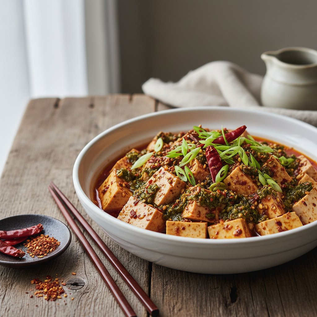 Fiery Sichuan Pepper Tofu with Garlic Chive Oil