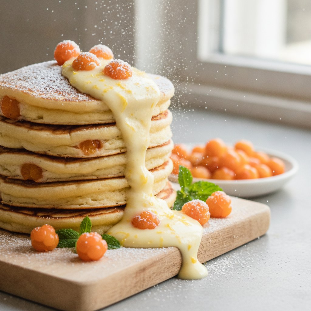 Fluffy Cloudberry Pancakes with Lemon Cream