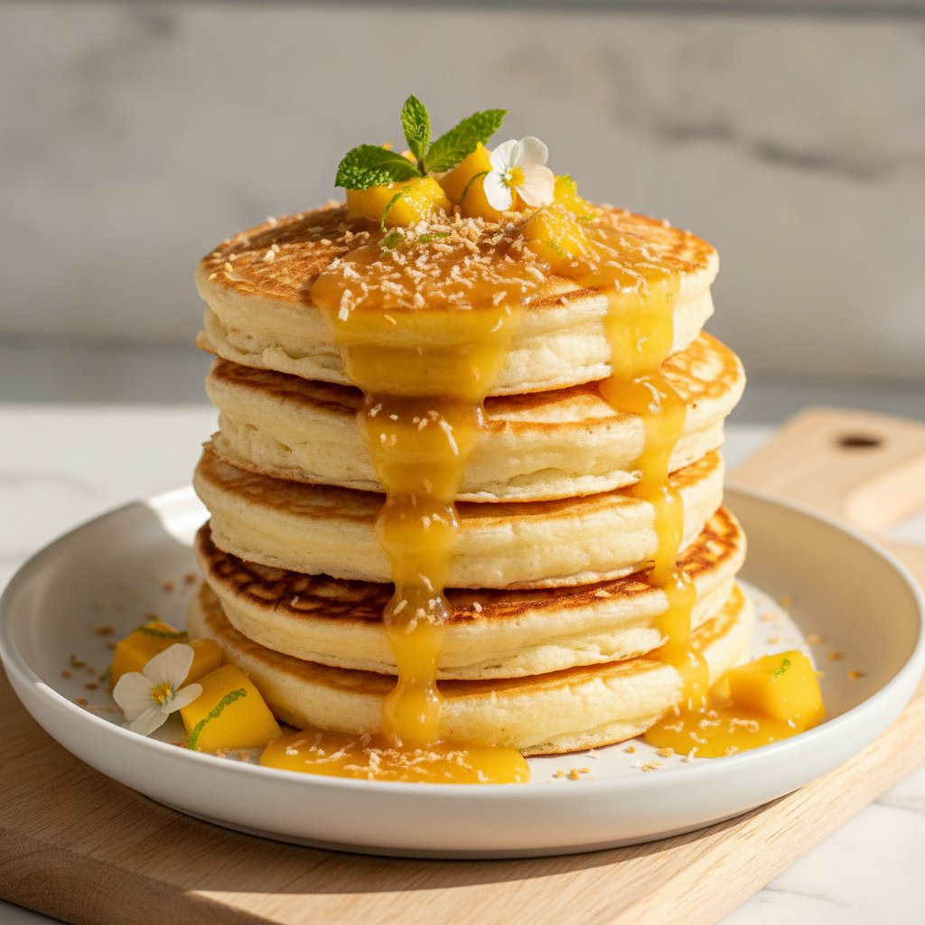 Fluffy Coconut Cloud Pancakes with Mango Lime Syrup