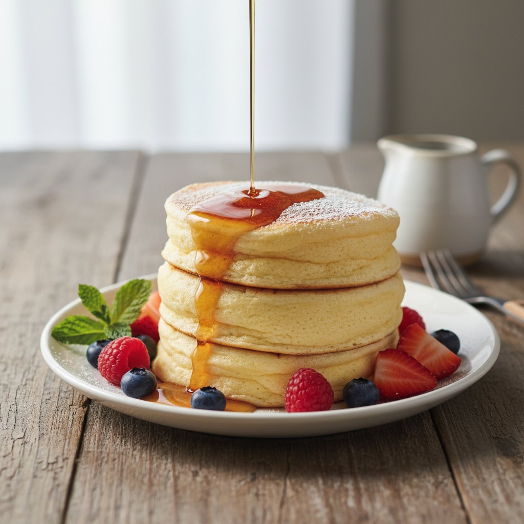 Fluffy Japanese Soufflé Pancakes with Maple Syrup