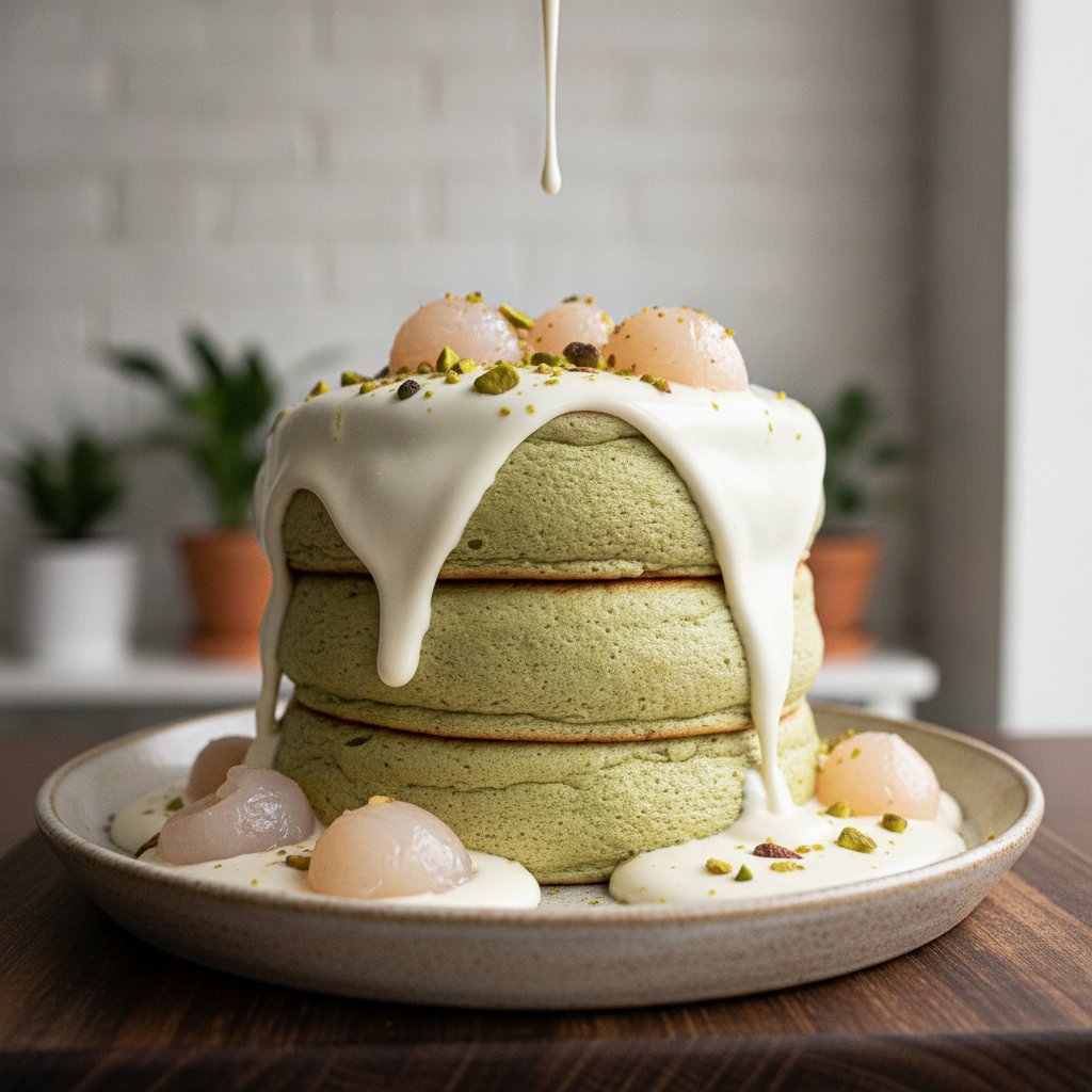 Fluffy Matcha Soufflé Pancakes with Sweet Lychee Cream