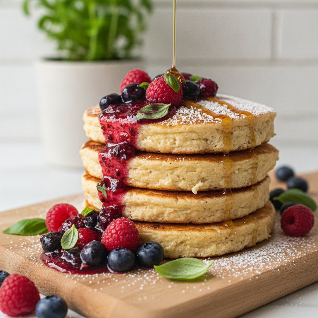 Fluffy Oat and Cottage Cheese Pancakes with Berry-Basil Compote