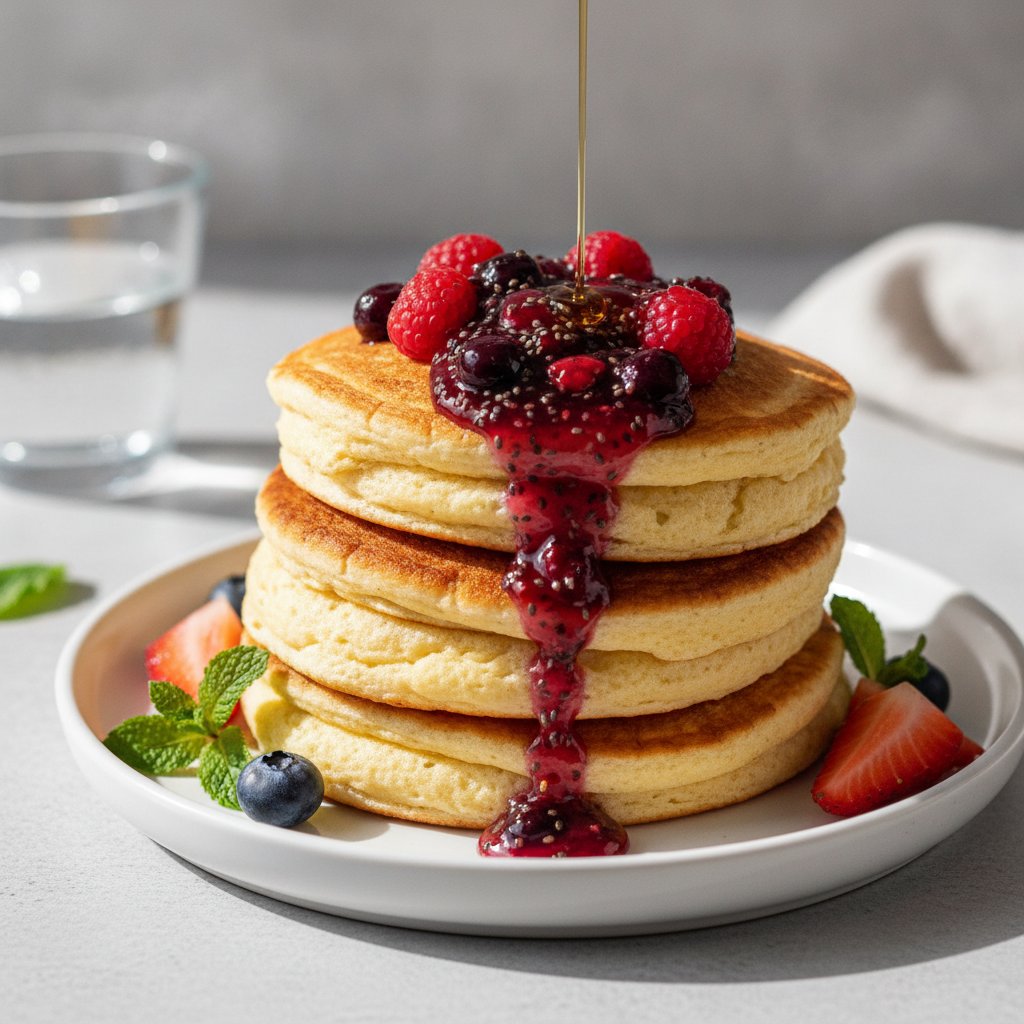 Fluffy Oat-Cottage Soufflé Pancakes with Berry Chia Compote