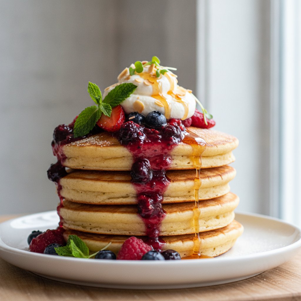 Fluffy Protein Pancakes with Spiced Berry Compote and Almond Whip