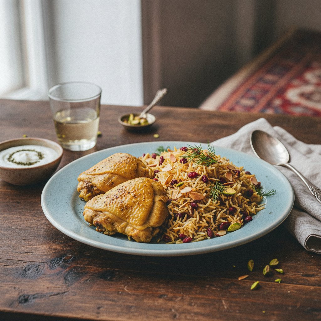 Fragrant Persian Saffron Chicken with Barberry Pilaf