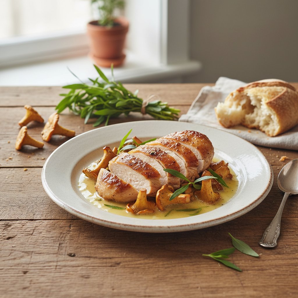 French Butter-Poached Chicken with Tarragon and Chanterelle Mushrooms