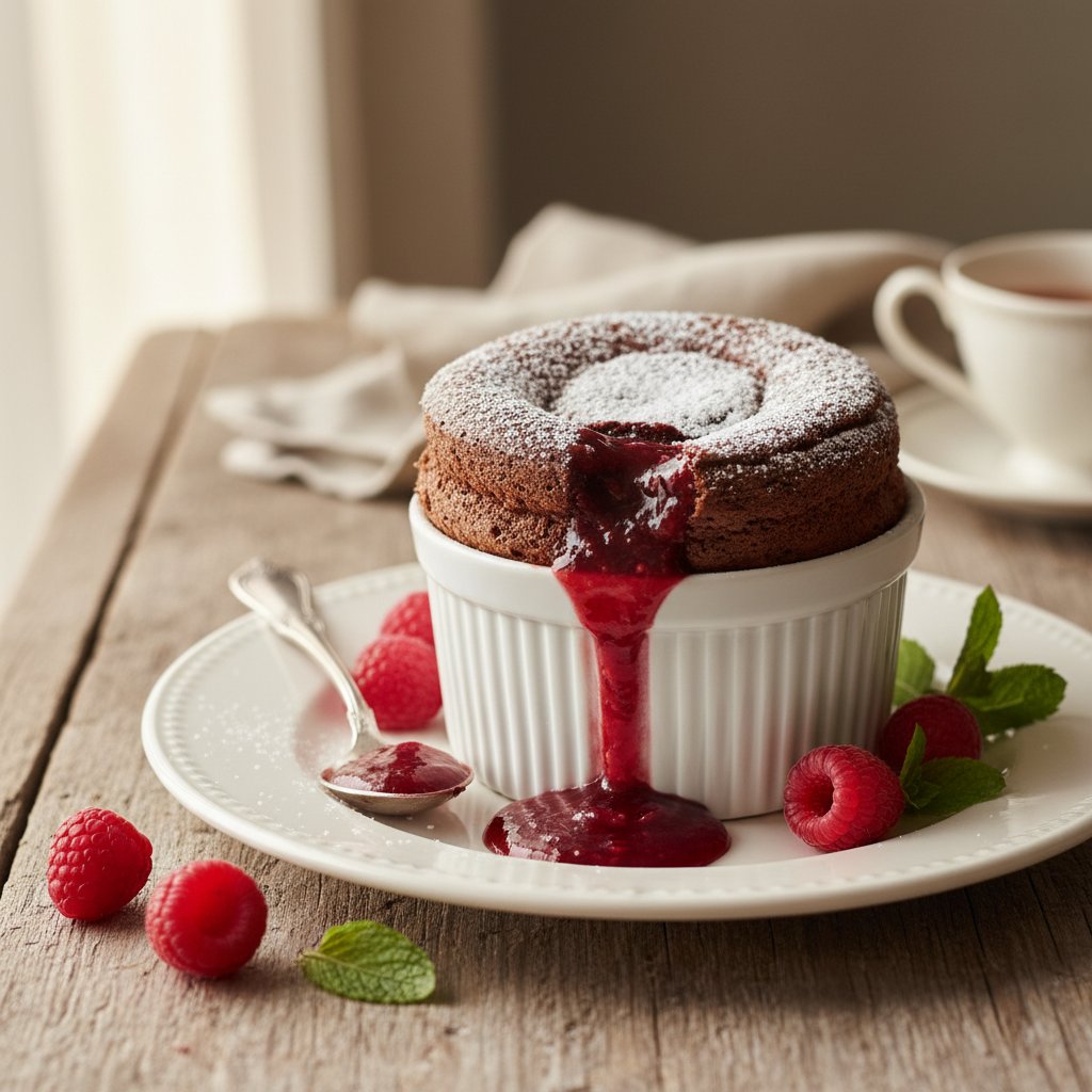 French Chocolate Soufflé with Raspberry Sauce