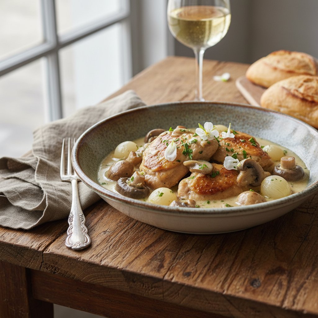 French Coq au Vin Blanc with Pearl Onions and Mushrooms